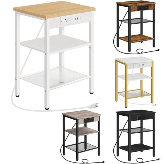 HOOBRO End Table with Built-in Charging Station – 3-Tier Nightstand with USB Ports &amp; Adjustable