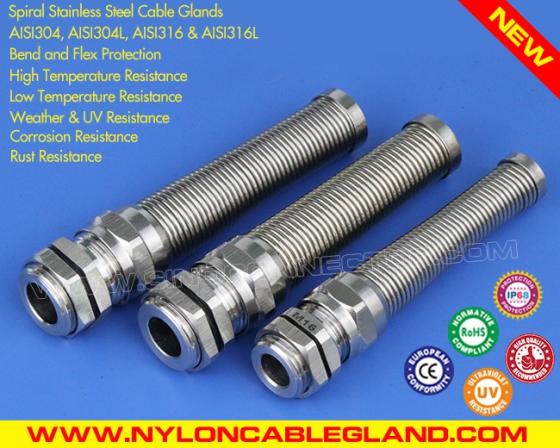 IP68 Spiral Stainless Steel Cable Glands – AISI304 / 316 / 316L with Bend Protection